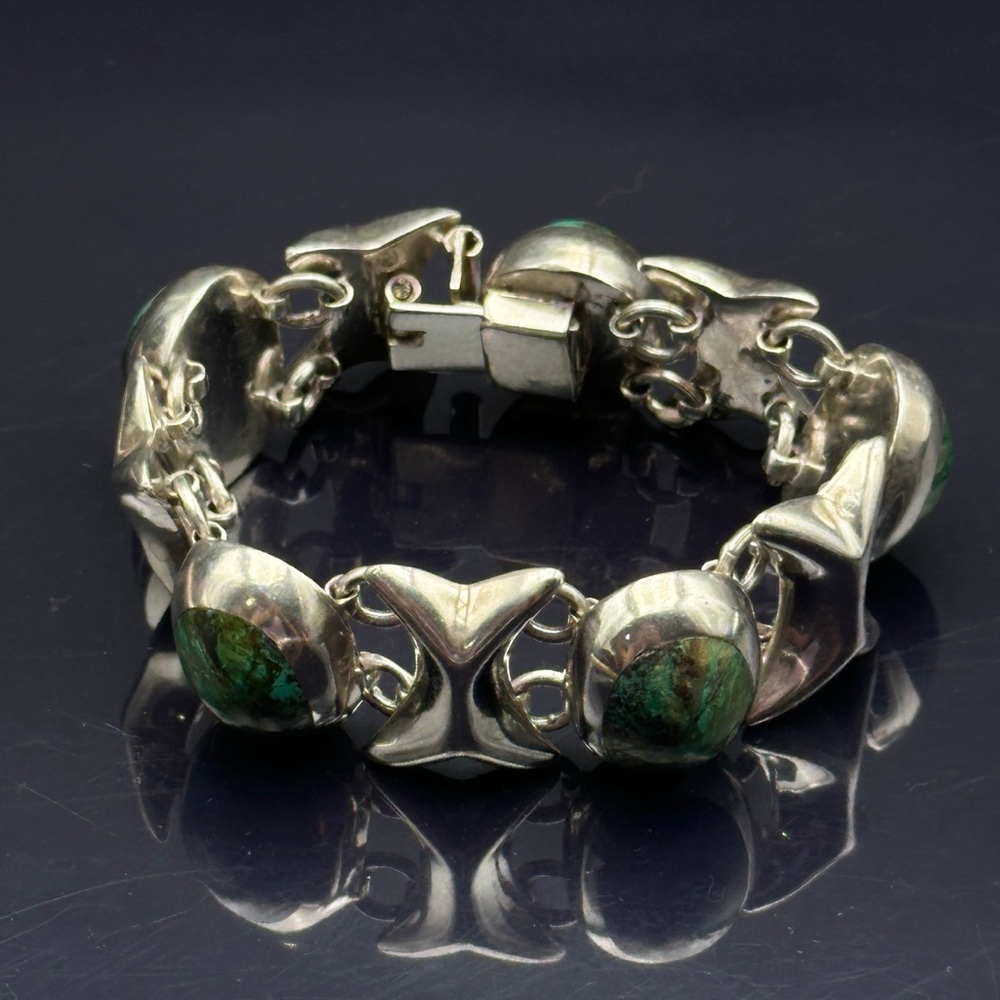 Mexican Sterling Silver Green Stone Bracelet Taxco Hallmark - Picture 3 of 8
